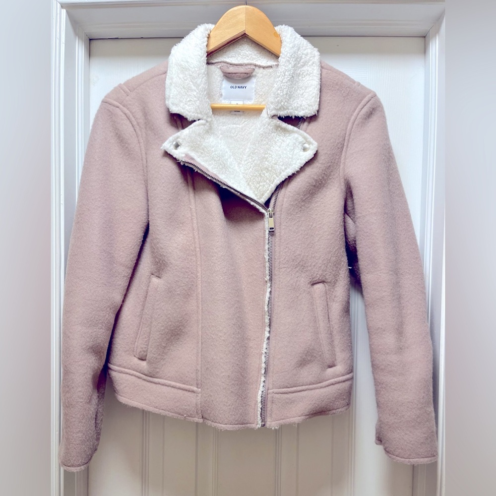 Old Navy Sherpa Lined Moto Pink Jacket,  Size Petite Medium EXCELLENT CONDITION
